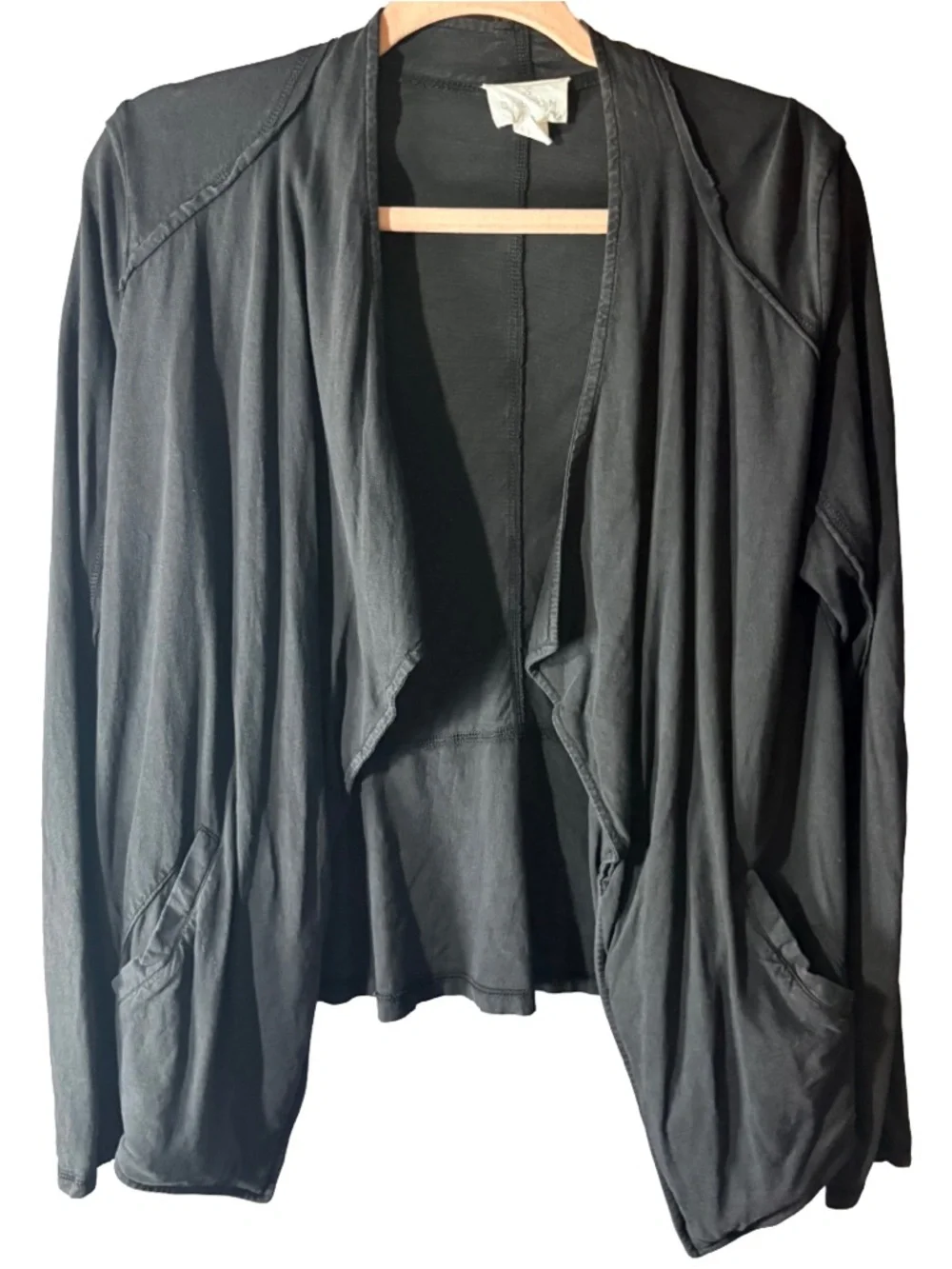 Caslon Open Cardigan M Black Cotton Linen Draped Lightweight Pockets Lagenlook - Picture 2 of 8
